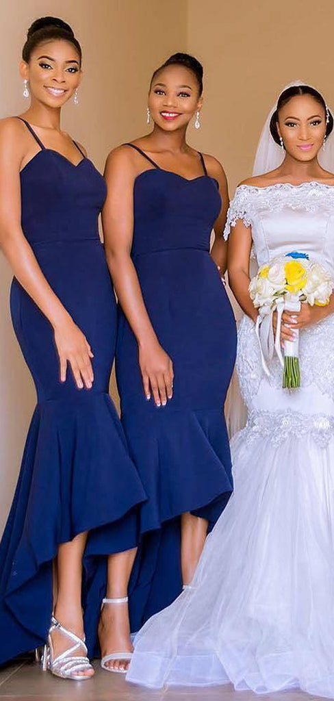 Spaghetti Straps High Low Navy Blue Mermaid Bridesmaid Dresses BD014