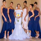 Spaghetti Straps High Low Navy Blue Mermaid Bridesmaid Dresses BD014