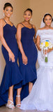 Spaghetti Straps High Low Navy Blue Mermaid Bridesmaid Dresses BD014