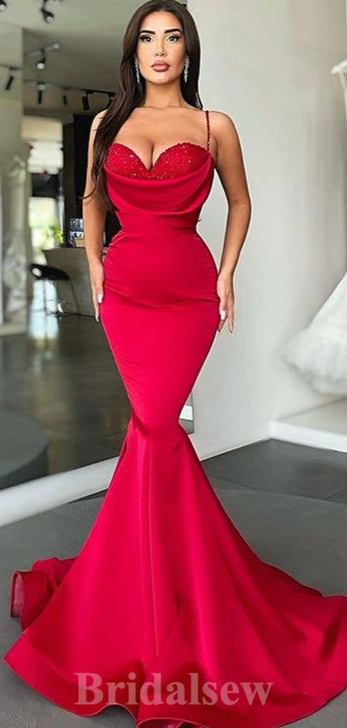 Spaghetti Straps Sexy Modest Sleeveless Satin Mermaid Long Women Evening Prom Dresses PD786