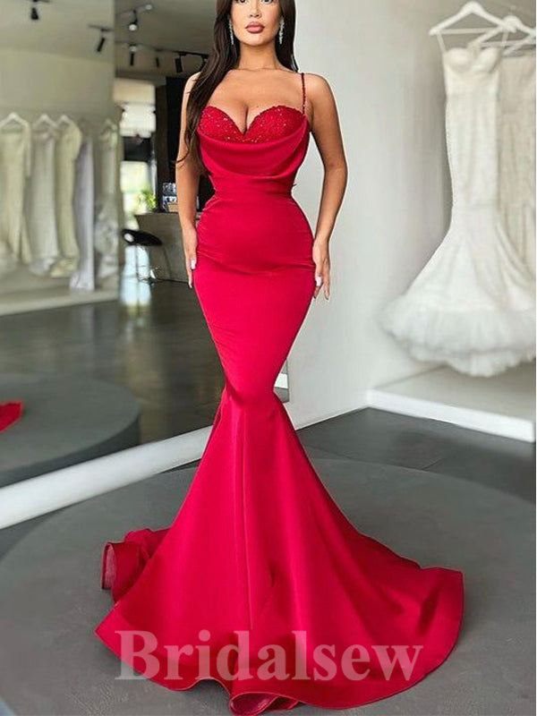 Spaghetti Straps Sexy Modest Sleeveless Satin Mermaid Long Women Evening Prom Dresses PD786