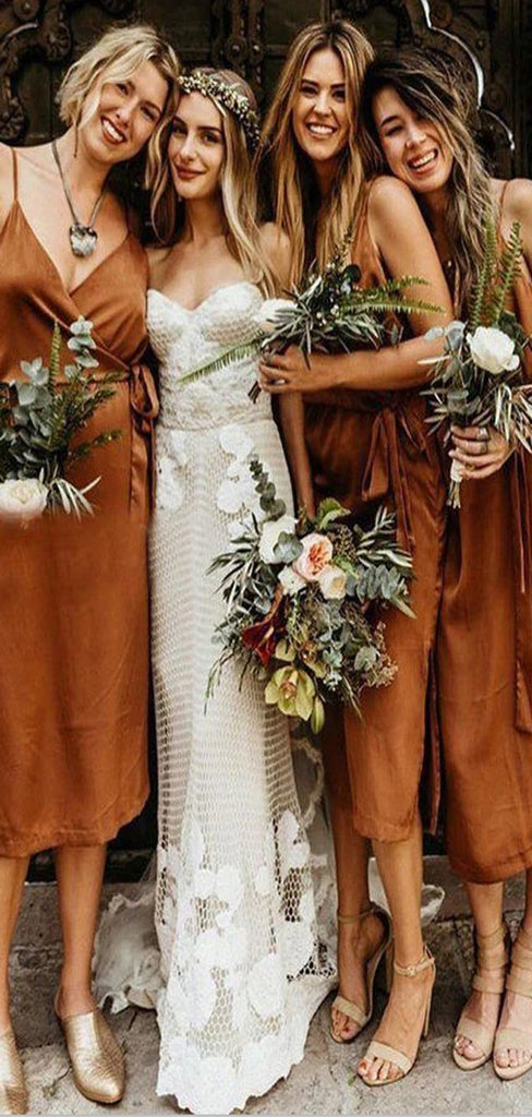 Spaghetti Straps Short Burnt Orange Popular Bridesmaid Dresses BD015