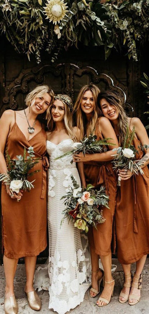 Spaghetti Straps Short Burnt Orange Popular Bridesmaid Dresses BD015