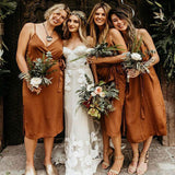 Spaghetti Straps Short Burnt Orange Popular Bridesmaid Dresses BD015