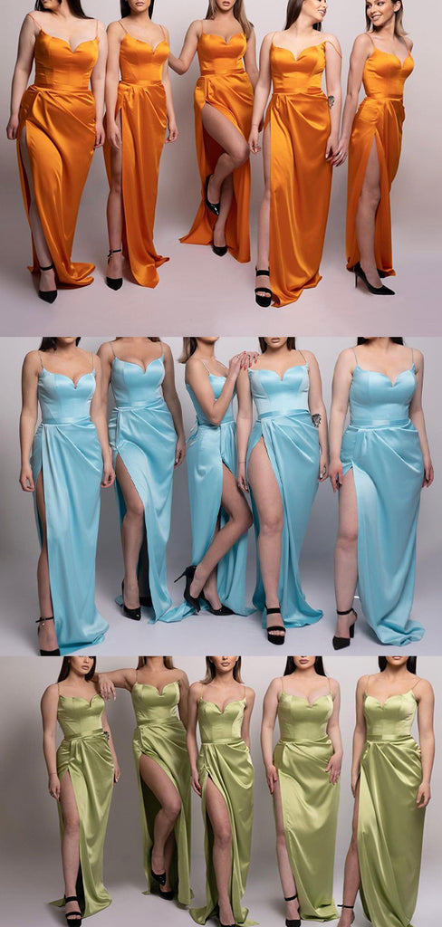 Spaghetti Straps Yellow Red Blue Satin Unique Plus Size Elegant Long Beach Formal Bridesmaid Dresses BD228