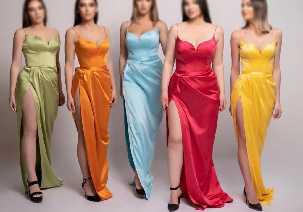 Spaghetti Straps Yellow Red Blue Satin Unique Plus Size Elegant Long Beach Formal Bridesmaid Dresses BD228