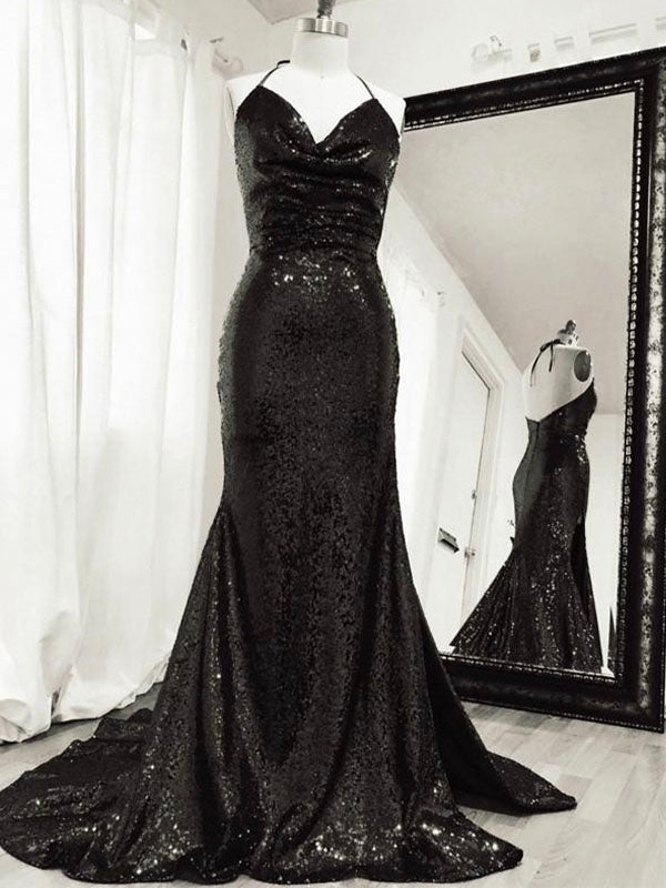 Sparkly Black Sequin Mermaid Straps Long Modest Elegant Prom Dresses PD163