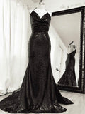 Sparkly Black Sequin Mermaid Straps Long Modest Elegant Prom Dresses PD163