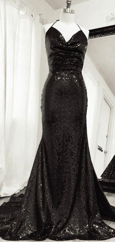 Sparkly Black Sequin Mermaid Straps Long Modest Elegant Prom Dresses PD163