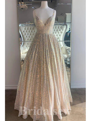 Sparkly Sequin A-line Stunning Straps Stylish Long Women Evening Prom Dresses PD745