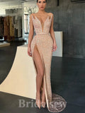 Sparkly Sequin Glitter Straps Slit Long Mermaid Party Evening Prom Dresses PD925