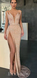Sparkly Sequin Glitter Straps Slit Long Mermaid Party Evening Prom Dresses PD925