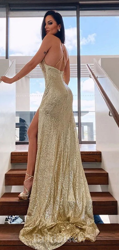 Sparkly Sequin Mermaid Elegant Spaghetti Straps Modest Long Party Evening Prom Dresses, PD1266