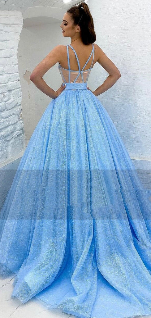Sparkly Sequin Princess Modest Spaghetti Straps Blue Long Women Evening Prom Dresses PD817
