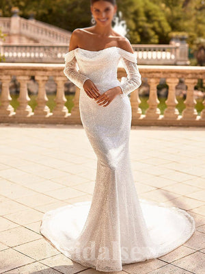 Sparkly Sequin long Sleeves Elegant Mermaid Garden Vintage Dream Beach Long Wedding Dresses WD508