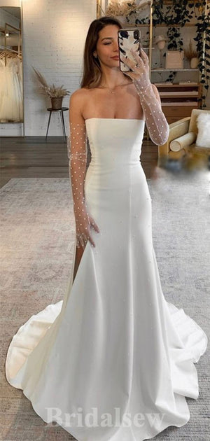 Mermaid Strapless Simple Sleeveless Satin Unique Garden Beach Vintage Long Wedding Dresses WD332