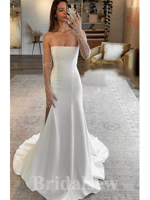 Mermaid Strapless Simple Sleeveless Satin Unique Garden Beach Vintage Long Wedding Dresses WD332