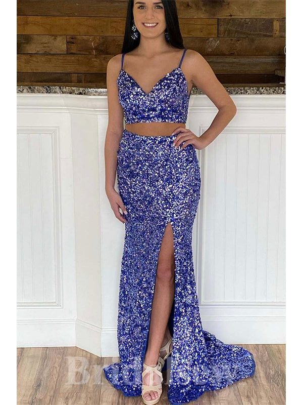 Two Pieces Long Mermaid Sparkly Sequin Glitter Fashion Slit Party Evening Prom Dresses PD929