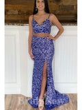 Two Pieces Long Mermaid Sparkly Sequin Glitter Fashion Slit Party Evening Prom Dresses PD929