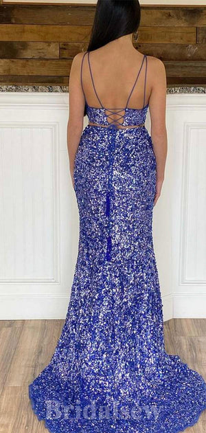 Two Pieces Long Mermaid Sparkly Sequin Glitter Fashion Slit Party Evening Prom Dresses PD929