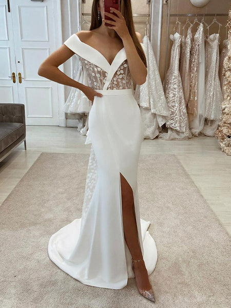 Vintage Wedding Dress Mermaid Off The Shoulder White Summer Beach Long Wedding Dresses Bridal Gowns W0693 main image 0