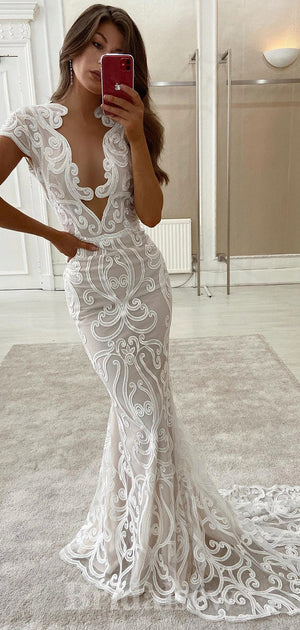 Unique Design Lace Mermaid Fantasy Beach Vintage Long Wedding Dresses WD370