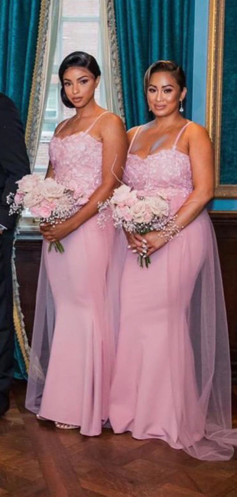 Unique Pink Spaghetti Straps Mermaid Long Formal Bridesmaid Dresses BD091