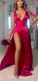 Unique Red Satin V-Neck Sexy Stylish Elegant Long Women Evening Prom Dresses PD792
