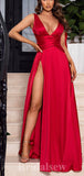 Unique Red Satin V-Neck Sexy Stylish Elegant Long Women Evening Prom Dresses PD792