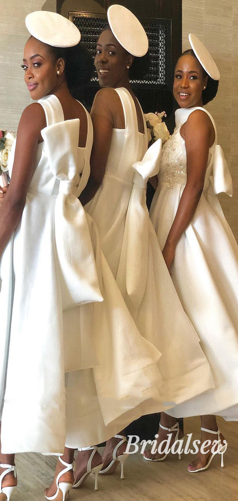 Unique Short A-line White Satin Bridesmaid Dresses BD065