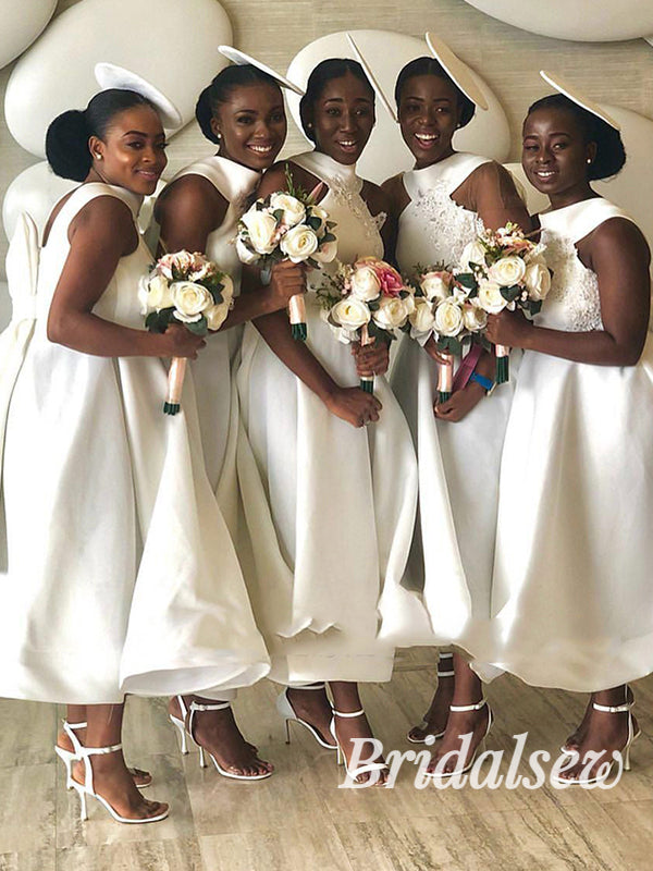 Unique Short A-line White Satin Bridesmaid Dresses BD065