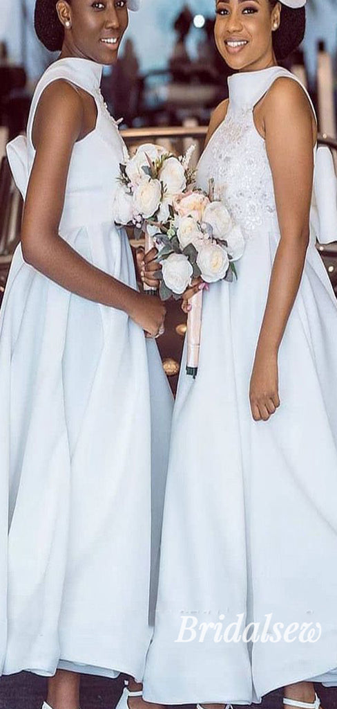 Unique Short A-line White Satin Bridesmaid Dresses BD065