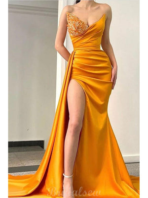 Unique Slit Mermaid Satin Elegant Formal Black Girls Slay Evening Long Prom Dresses PD543