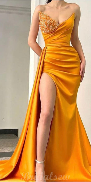 Unique Slit Mermaid Satin Elegant Formal Black Girls Slay Evening Long Prom Dresses PD543