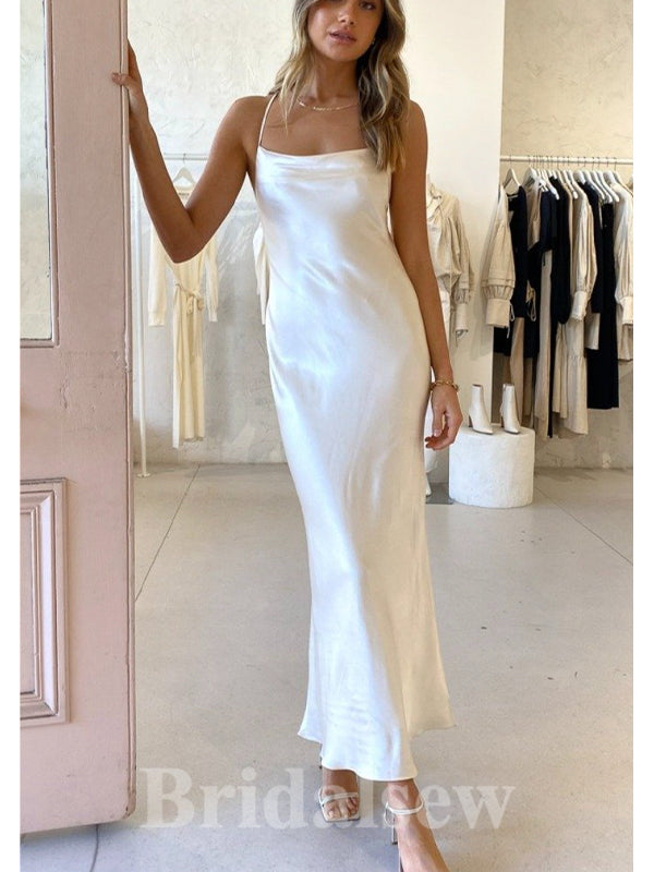White Mermaid Simple Spaghetti Straps Long Prom Dresses, Bridesmaid Dresses PD1093