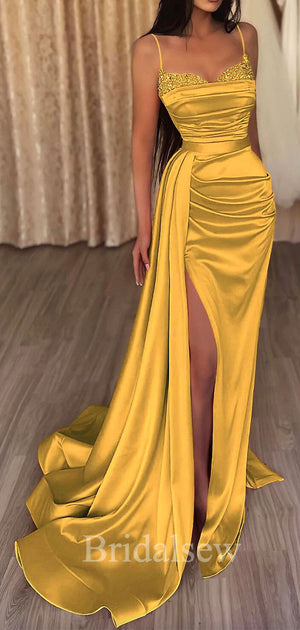 Yellow Gold Mermaid Straps Elegant Women Satin Formal Evening Long Prom Dresses PD558