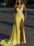 Yellow One Shoulder Mermaid Custom Unique Elegant Modest Evening Long Prom Dresses PD1142