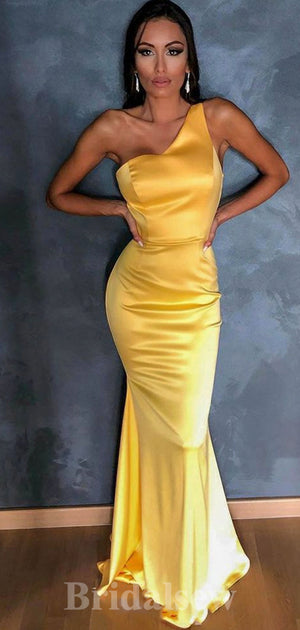 Yellow One Shoulder Stylish Mermaid Satin Elegant Long Women Evening Prom Dresses PD798