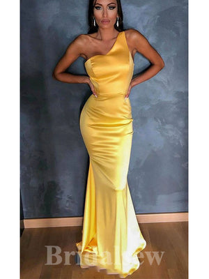 Yellow One Shoulder Stylish Mermaid Satin Elegant Long Women Evening Prom Dresses PD798