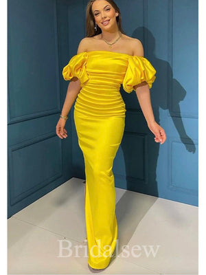 Yellow Satin Mermaid Slit Elegant Modest Women Long Evening Prom Dresses PD606