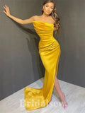 Yellow Satin Mermaid Strapless Modest Long Elegant Evening Prom Dresses PD1032