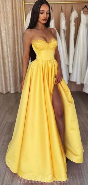 Yellow Satin Spaghetti Straps Long Ruched Prom Dress With Slit Formal Evening Gown main image 0