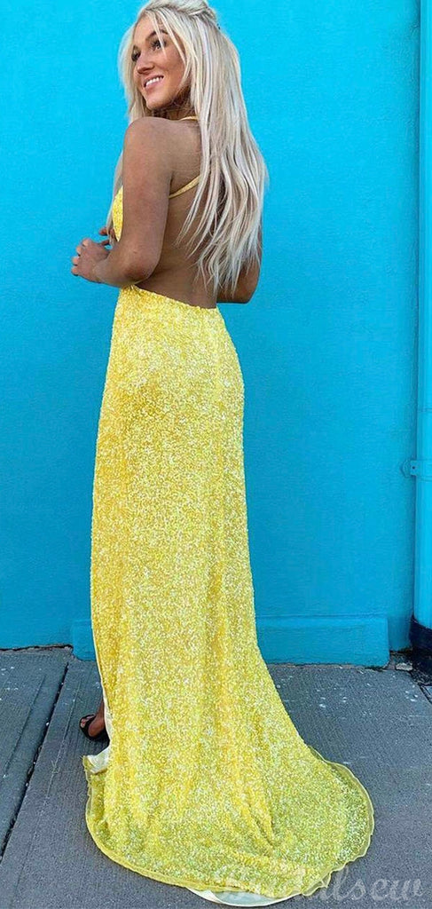 Yellow Sparkly Sequin Mermaid Spaghetti Straps Party Long Prom Dresses PD370