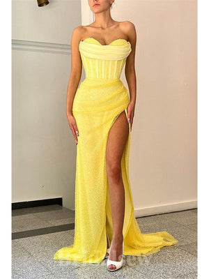 Yellow Unique Mermaid Strapless New Elegant Long Modest Evening Prom Dresses, PD1248