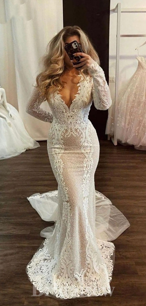 New Unique Mermaid long Sleeves Princess Garden Beach Vintage Long Wedding Dresses, Bridal Gown WD444