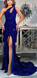 2025 Mermaid Royal Blue Sequin Sparkly Unique Modest Party Evening Long Prom Dresses PD302
