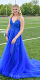 A-line Royal Blue Lace Stylish Spaghetti Straps Long Women Evening Prom Dresses PD852
