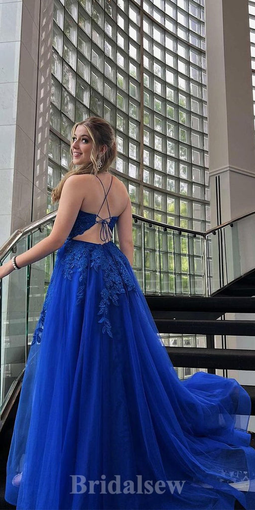 Glamorous Long Royal Blue V-neck Spaghetti Straps Glitter Sleeveless Evening Dresses