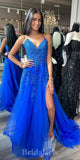 A-line Royal Blue Lace Stylish Spaghetti Straps Long Women Evening Prom Dresses PD852