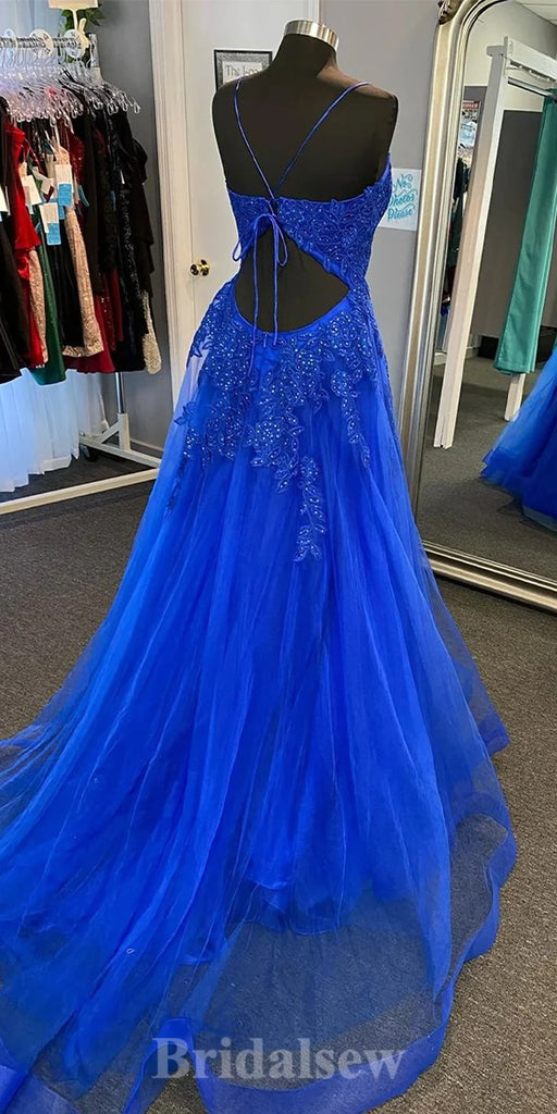 Royal Blue Lace Applique Prom Dresses Spaghetti Strap Evening